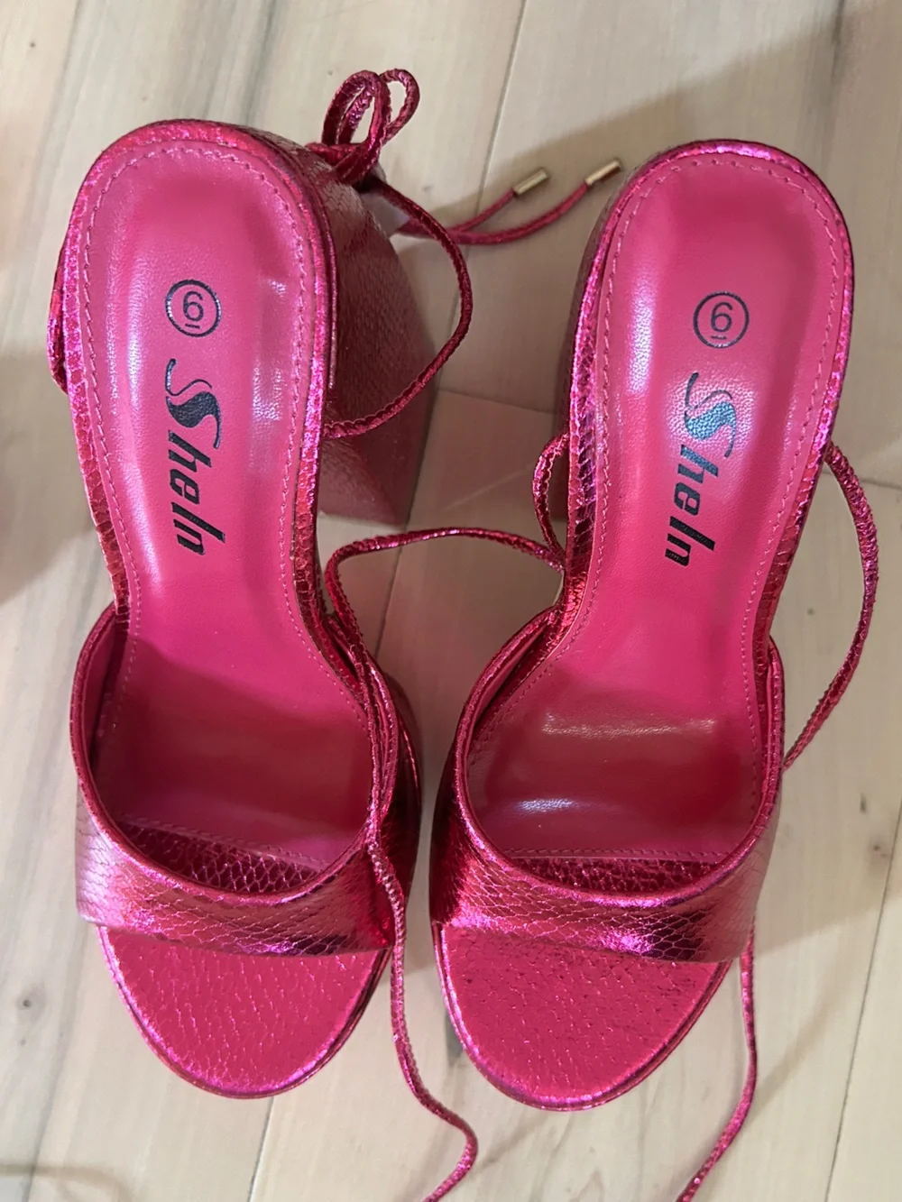 Metallic Pink Tie Ankle Chunky Platform Sandals Size 6